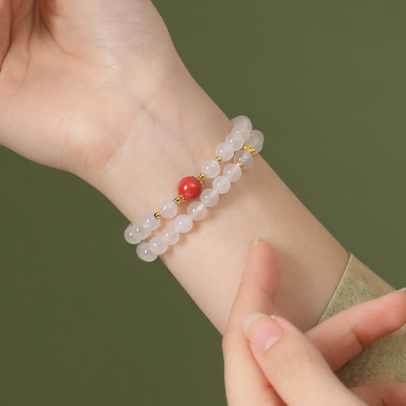 Wear FengShui 925 Sterling Silver Natural White Agate Cinnabar Double Wrap Protection Bracelet