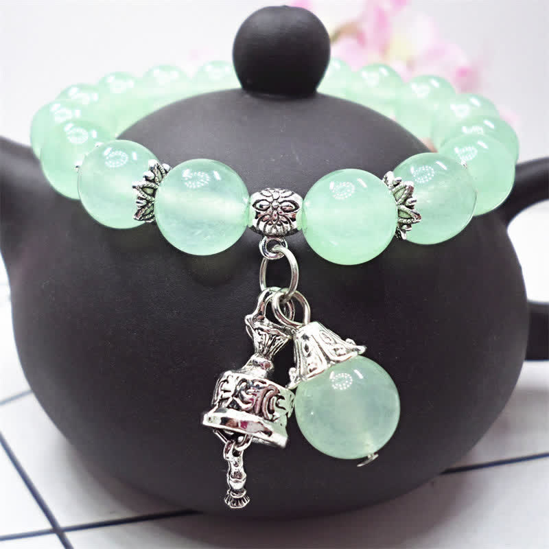Wear FengShui Vintage Crystal Chalcedony Stone Energy Beaded Bell Charm Bracelet