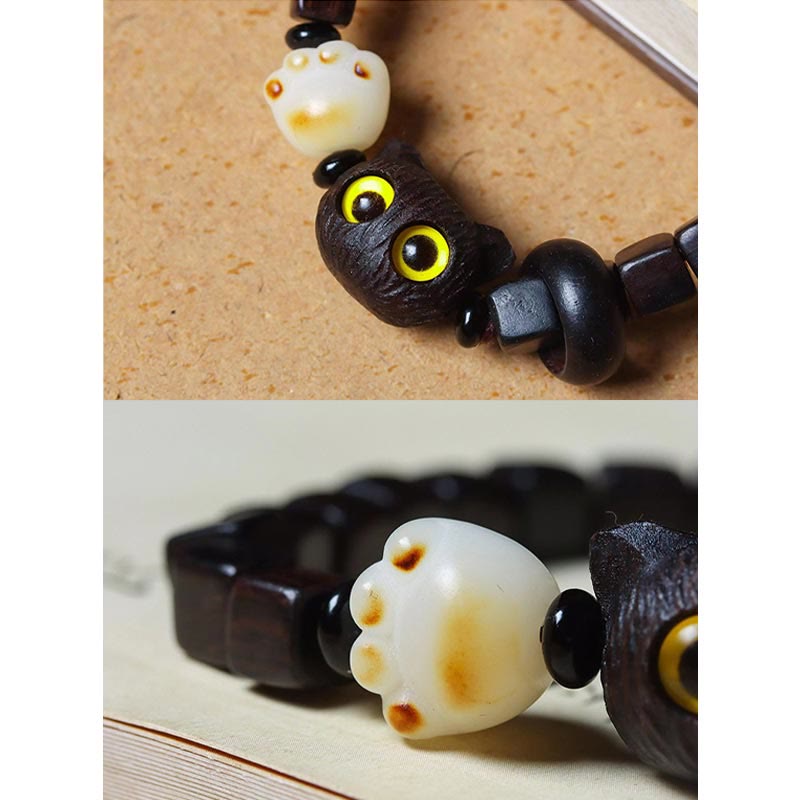 Wear FengShui Ebony Wood Cute Cat Bodhi Seed Paw Claw Square Beads Calm Bracelet