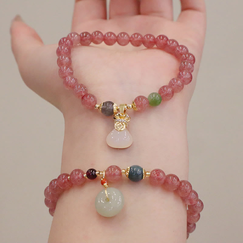 Wear FengShui Natural Strawberry Quartz Jade Peace Buckle Coin Purse Healing Bracelet