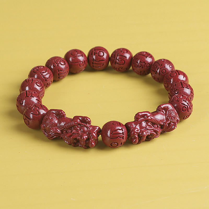 Wear FengShui Natural Double PiXiu Cinnabar Om Mani Padme Hum Wealth Luck Bead Bracelet