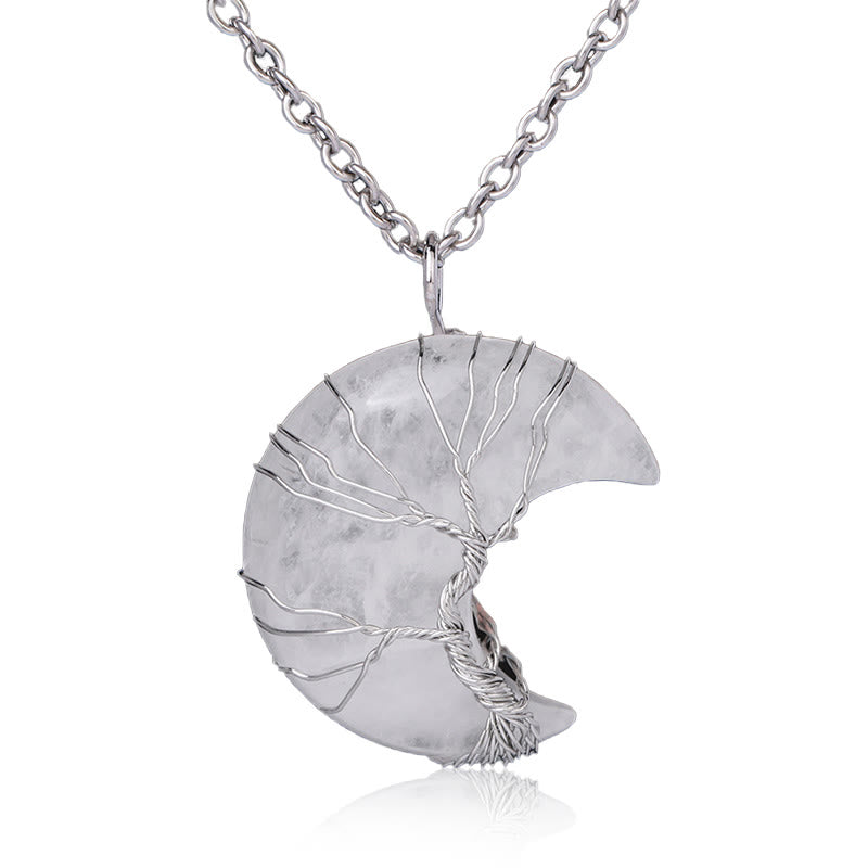 Wear FengShui Natural Quartz Crystal Moon Tree Of Life Healing Energy Necklace Pendant