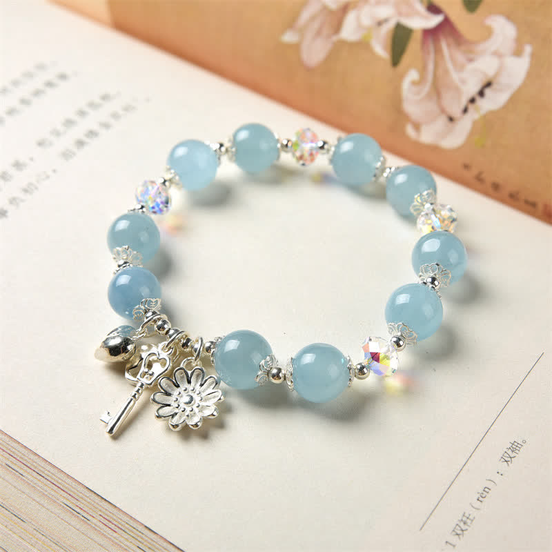 Wear FengShui 925 Sterling Silver Natural Aquamarine Serenity Flower Love Key Charm Bracelet