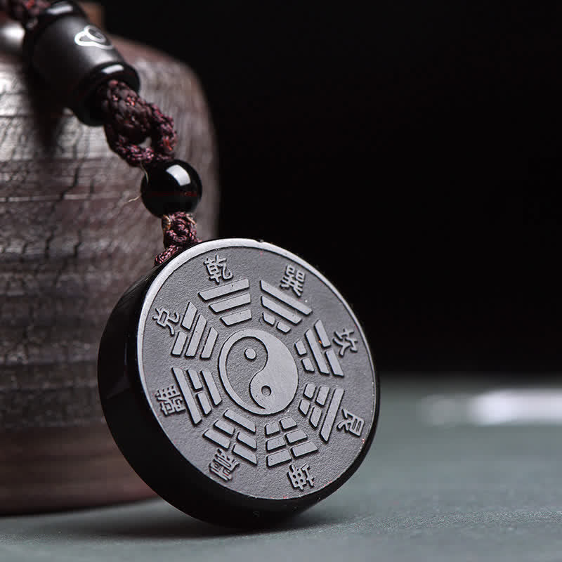 Wear FengShui Black Obsidian Bagua Yin Yang Strength Necklace Pendant