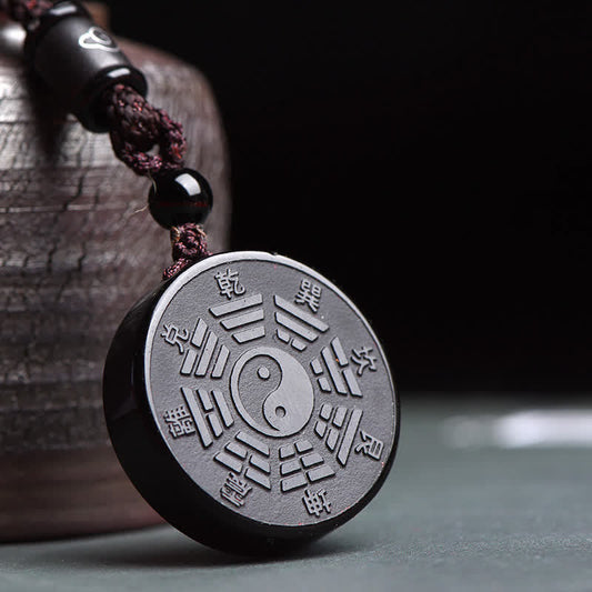 Wear FengShui Black Obsidian Bagua Yin Yang Strength Necklace Pendant