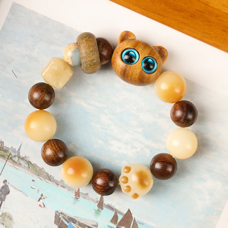 Wear FengShui Natural Bodhi Seed Sandalwood Lucky Cute Cat Head Paw Claw Peace Bracelet