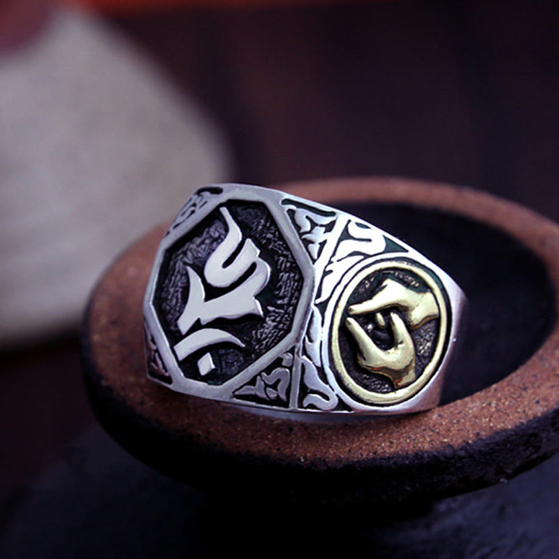 Wear FengShui 925 Sterling Silver Sanskrit Design Carved Protection Adjustable Ring
