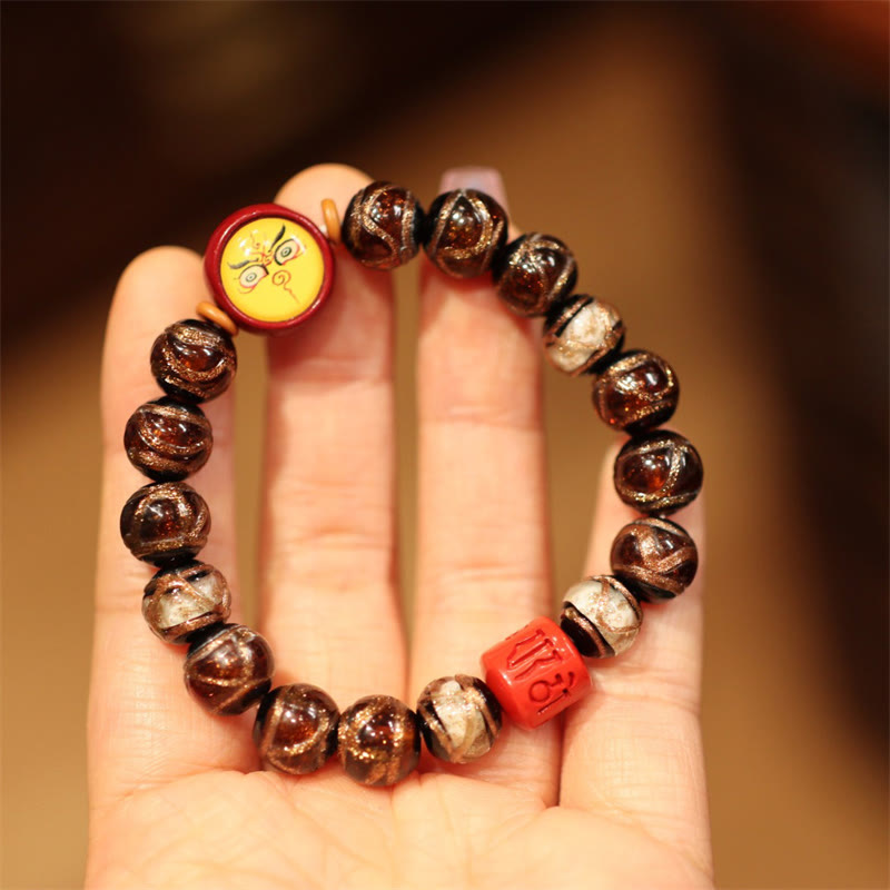 Wear FengShui Tibetan Gold Swallowing Beast Family Five God Of Wealth Thangka Fortune Bead Bracelet