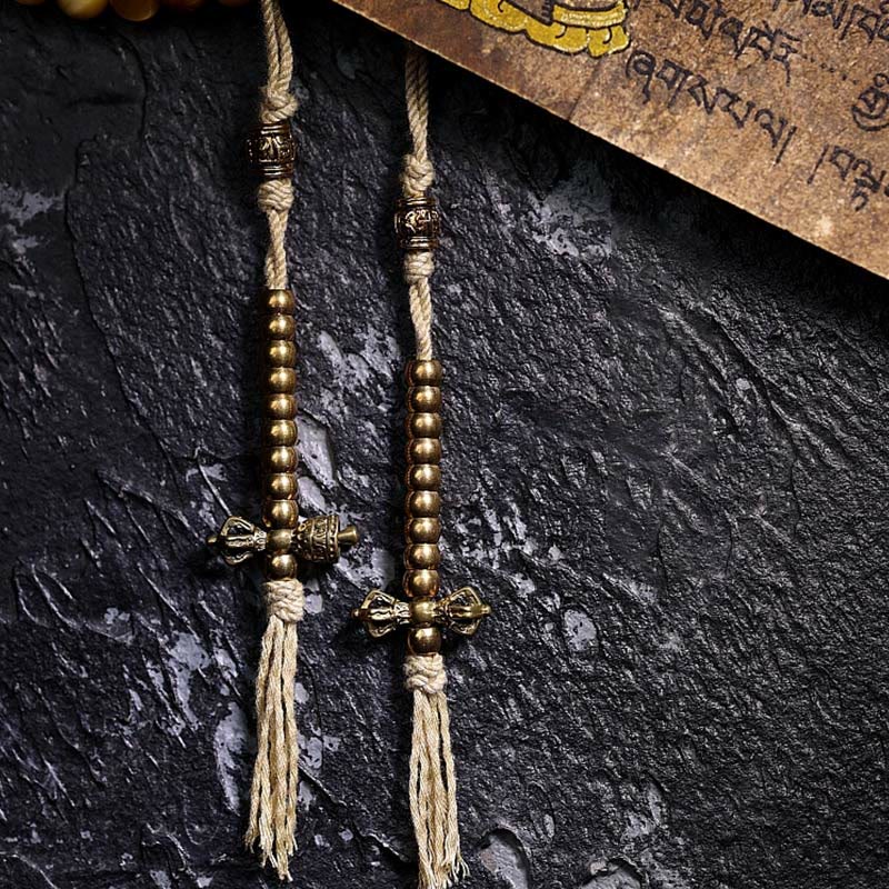 Wear FengShui 108 Mala Beads Natural Tiger Eye Copper Dorje Protection Tassel Bracelet
