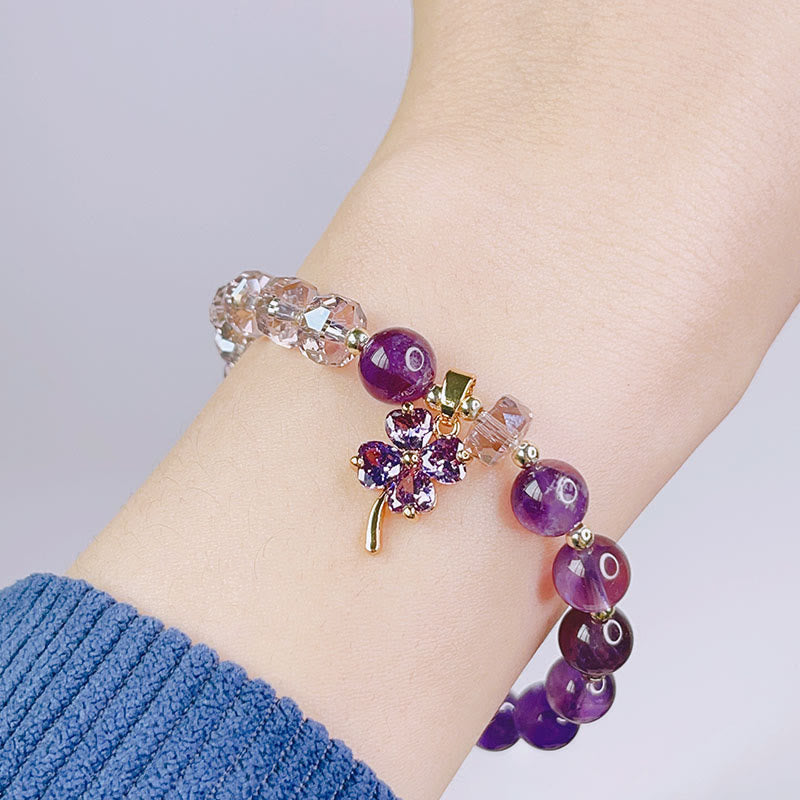 Wear FengShui Amethyst Crystal Four Leaf Clover Healing Charm Bracelet