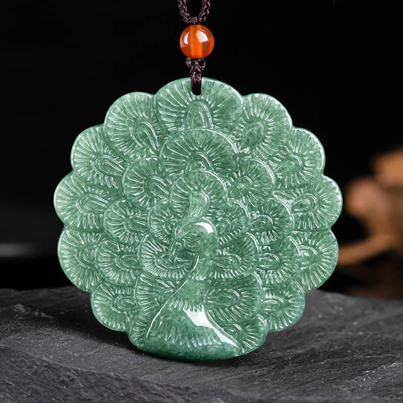 Wear FengShui Natural Jade Peacock Luck Prosperity Necklace Pendant