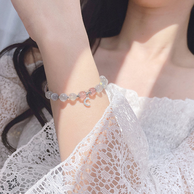 Wear FengShui Strawberry Quartz Moonstone Luck Moon Charm Bracelet