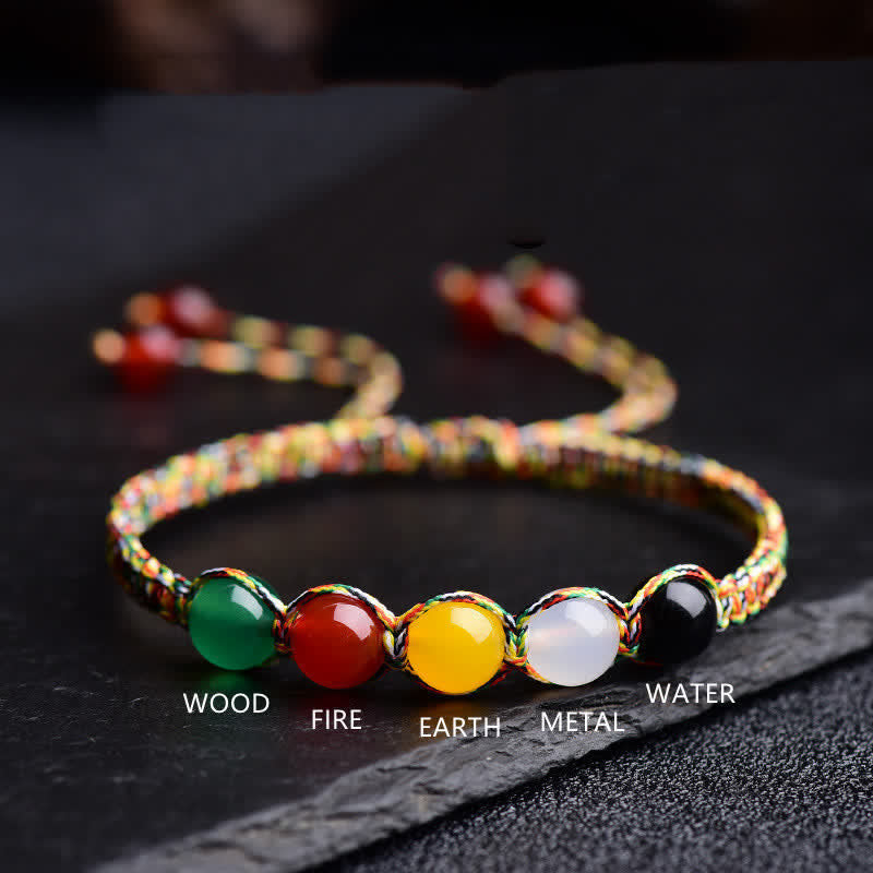 Wear FengShui Colorful Agate Metal Wood Water Fire Earth Five Elements String Bracelet