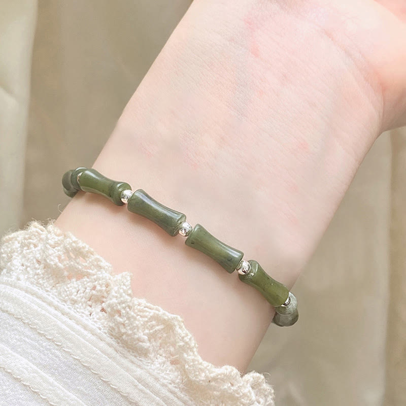 Wear FengShui 925 Sterling Silver Bamboo Jade Lucky Cat Fu Character Luck Abundance Bracelet