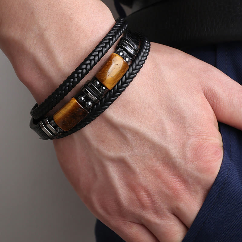 Wear FengShui Tiger Eye Power Magnetic Buckle Multilayered Leather Bracelet