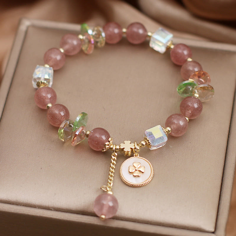 Wear FengShui Strawberry Quartz Lucky Four Leaf Clover Healing Charm Bracelet