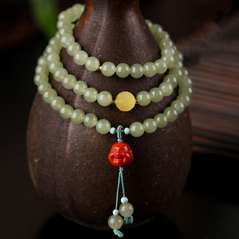 Wear FengShui Jade Red Agate Amber Laughing Buddha Prosperity Bracelet