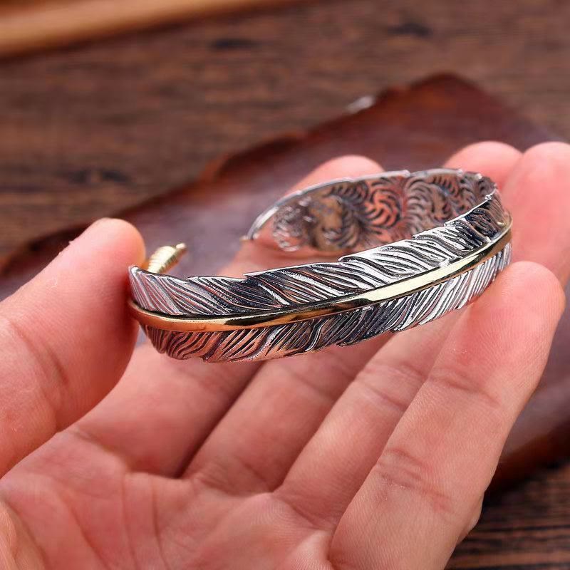 Wear FengShui Feather Pattern Carved Luck Wealth Cuff Bracelet Bangle
