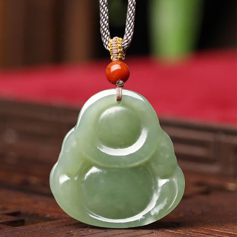 Wear FengShui Laughing Buddha Hetian Jade Abundance Necklace String Pendant
