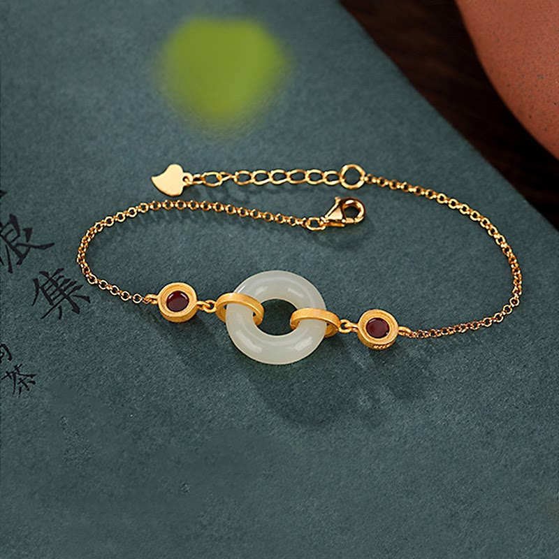 Wear FengShui 925 Sterling Silver Plated Gold Natural Hetian Jade Peace Buckle Red Agate Luck Bracelet