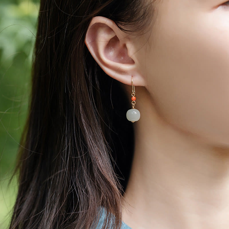 Wear FengShui 925 Sterling Silver Plated 14k Gold Hetian Jade Red Agate Luck Drop Dangle Earrings