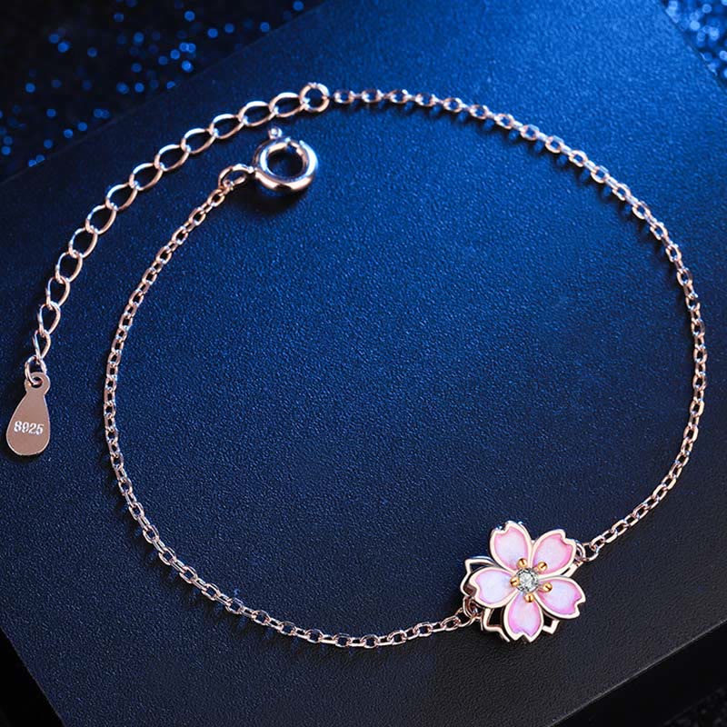 Wear FengShui 925 Sterling Silver Cherry Blossom Blessing Chain Bracelet Rotatable Ring