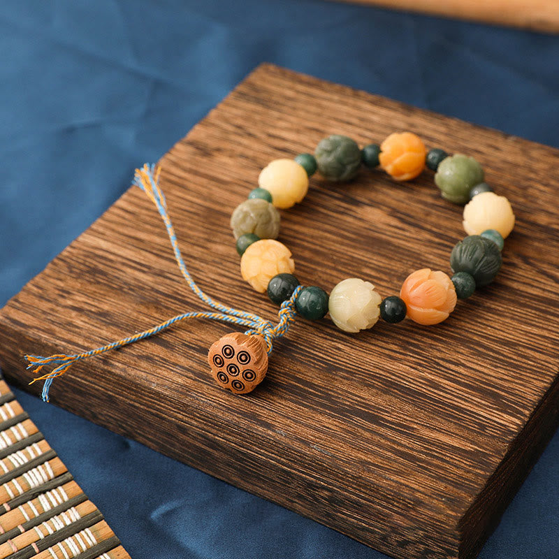 Wear FengShui Bodhi Seed Lotus Bead Engraved Moss Agate Peace Calm Bracelet