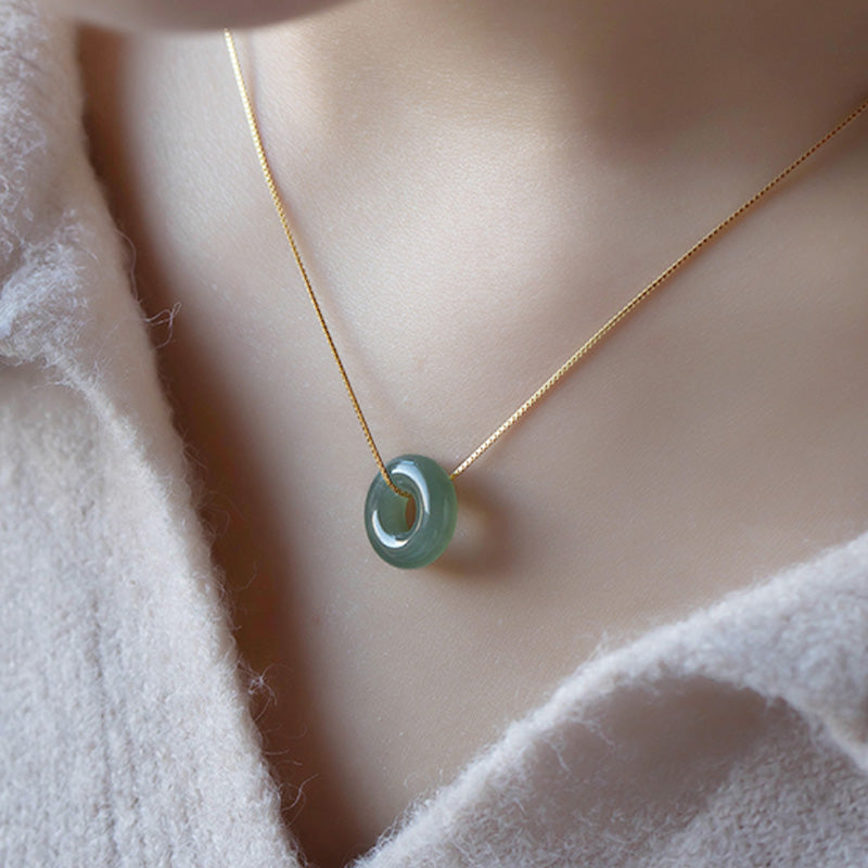 Wear FengShui Natural Round Jade Peace Buckle Luck Abundance Necklace Pendant