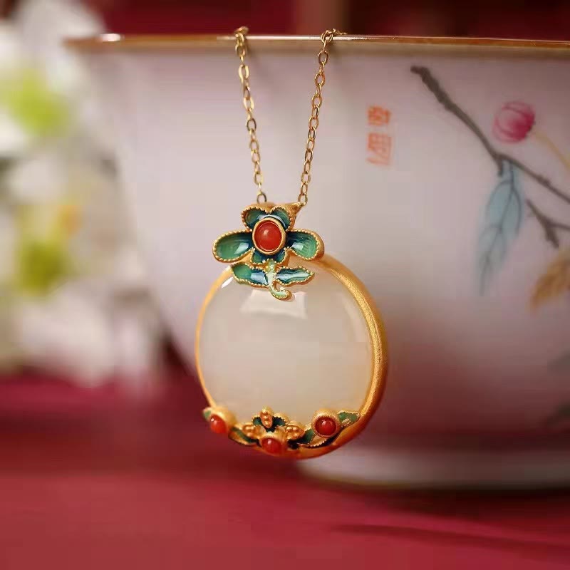 Wear FengShui White Jade Red Agate Flower Blessing Luck Necklace Pendant
