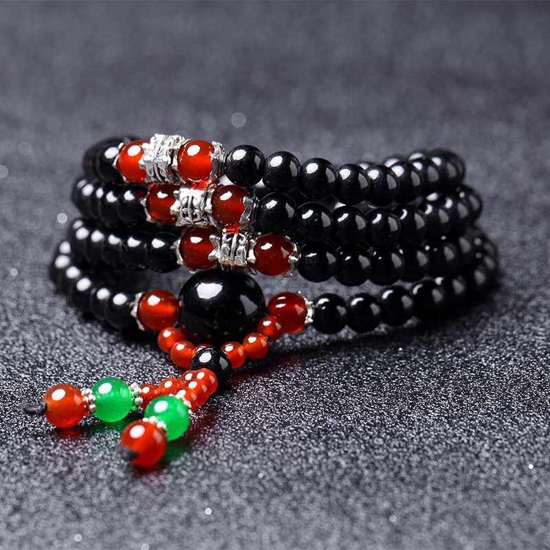 Wear FengShui 108 Beads Natural Black Obsidian Tiger Eye Mala Bracelet