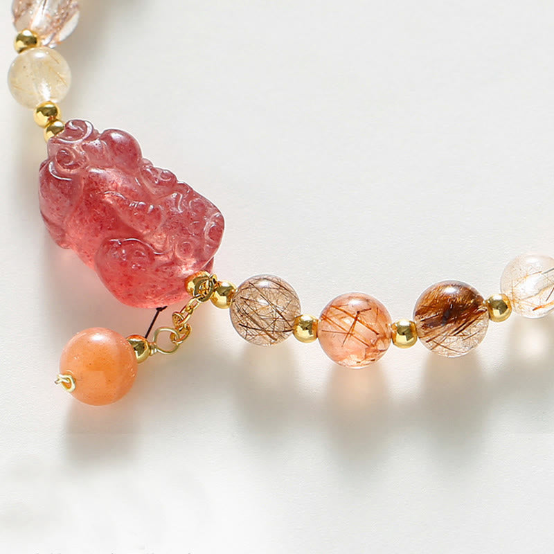 Wear FengShui Natural Rutilated Quartz Strawberry Quartz PiXiu Wealth Bracelet