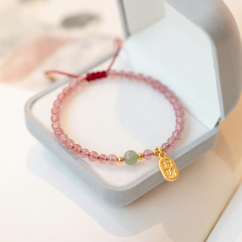 Wear FengShui Natural Strawberry Quartz Garnet Jade Lucky Fortune Fu Character Healing Charm Bracelet