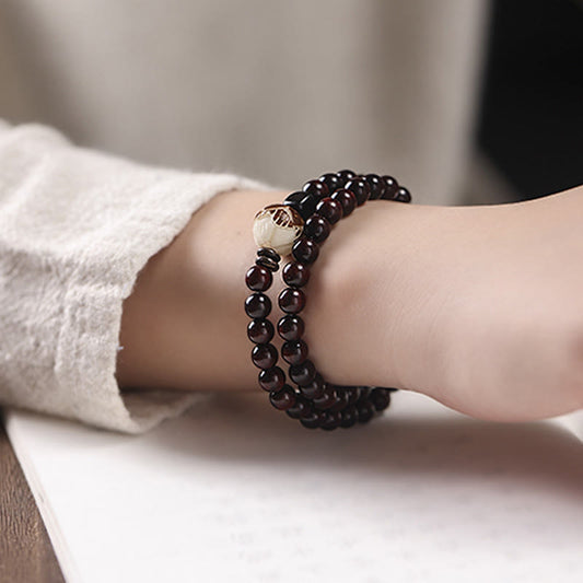 Wear FengShui Small Leaf Red Sandalwood Lotus Bodhi Seed Carved Protection Double Wrap Bracelet
