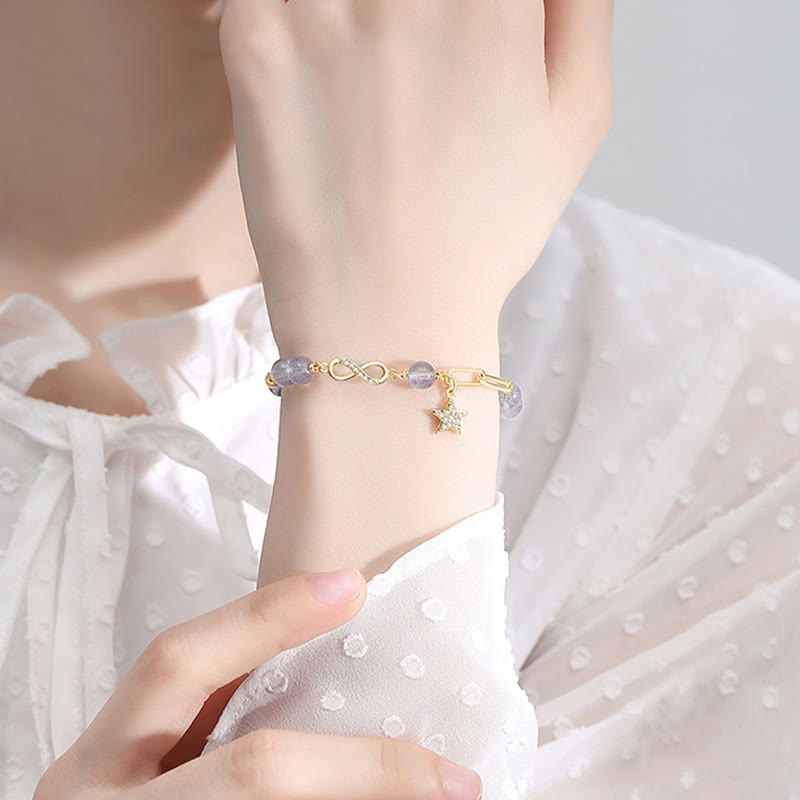 Wear FengShui 14K Gold Plated Natural Strawberry Quartz Moonstone Möbius Loop Eternal Love Star Positive Bracelet