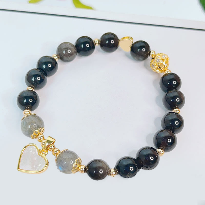 Wear FengShui Natural Silver Sheen Obsidian Love Heart Star Flower Protection Bracelet