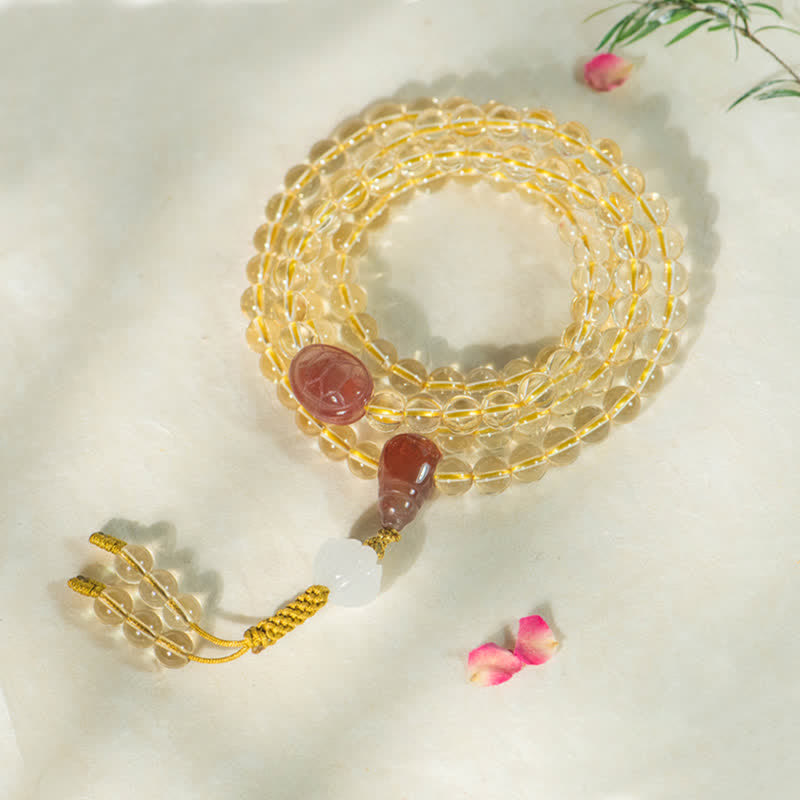 Wear FengShui 108 Mala Beads 925 Sterling Silver Natural Citrine Red Agate White Jade Prosperity Charm Bracelet
