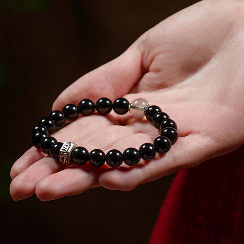 Wear FengShui Chinese Zodiac Natal Buddha 925 Sterling Silver Black Obsidian Moonstone Strength Bracelet