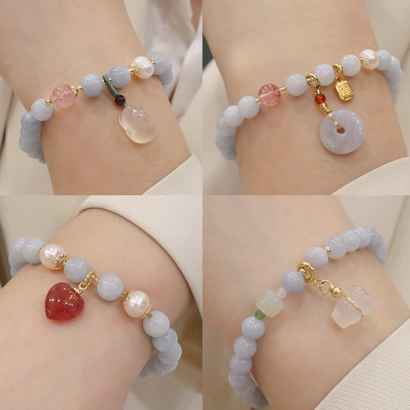 Wear FengShui Natural Aquamarine Chalcedony Serenity Rabbit Gourd Cat Charm Bracelet