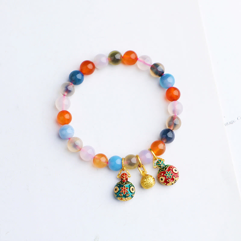 Wear FengShui Colorful Candy Agate Gold Swallowing Beast Family Peach Harmony Charm Bracelet