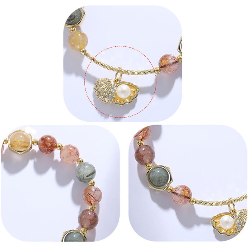 Wear FengShui Natural Colorful Rutilated Quartz Shell Protection Bead Bracelet