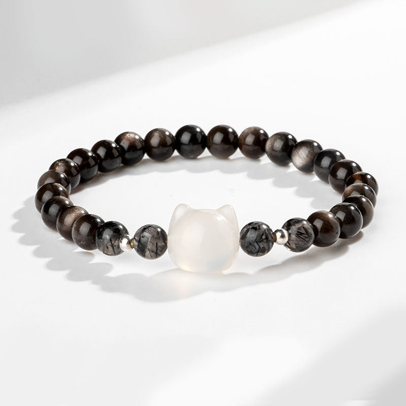 Wear FengShui Natural Silver Sheen Obsidian Cute Cat Head Protection Bracelet