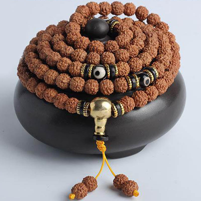 Wear FengShui 108 Mala Beads Rudraksha Bodhi Seed Dzi Bead Luck Wealth Bracelet