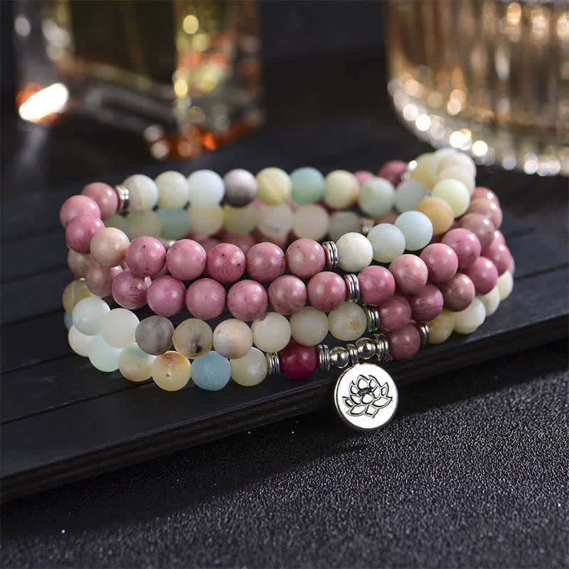 Wear FengShui Lazurite Picasso Jasper Amazonite Rhodonite Apatite Positive Lotus Prayer Bead Bracelet