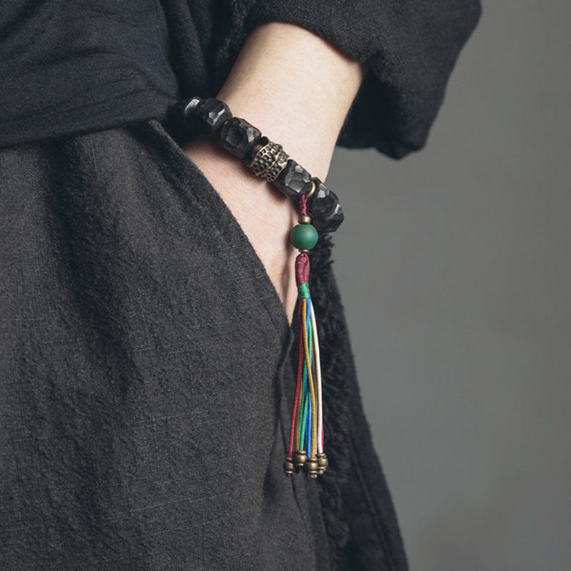Wear FengShui Tibet Ebony Wood Copper Peace Tassel Wrist Mala Bracelet
