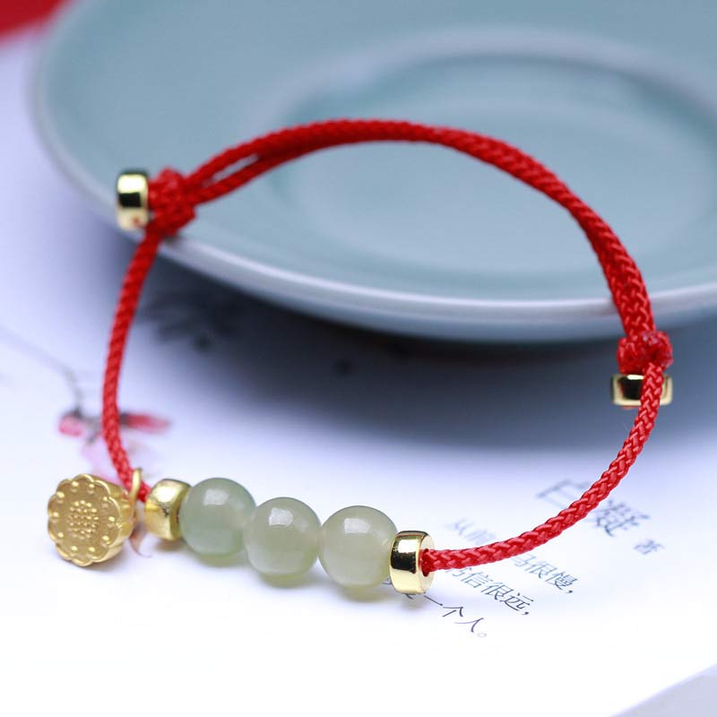 Wear FengShui Natural Jade Lotus Seed Strength Red String Weave Bracelet