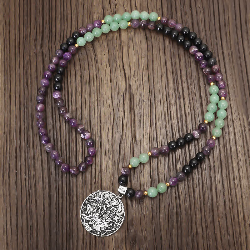 Wear FengShui 108 Mala Beads Amethyst Green Aventurine Lotus Meditation Bracelet