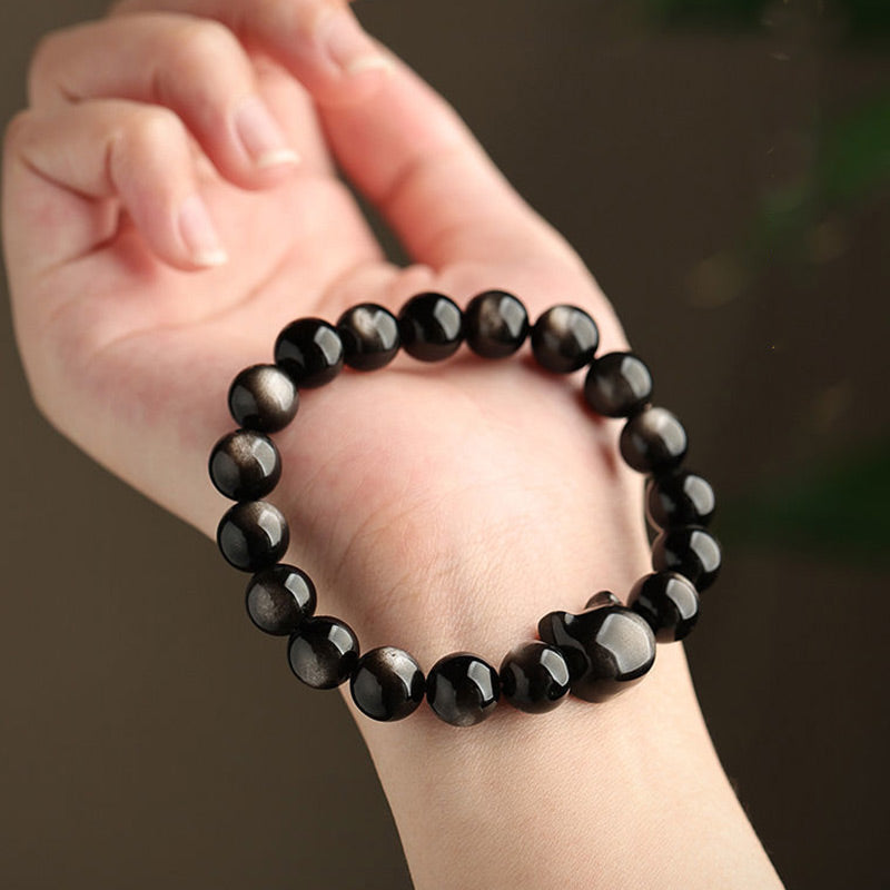 Wear FengShui Gold Sheen Obsidian Silver Sheen Obsidian Lovely Paw Lucky Cat Protection Bracelet