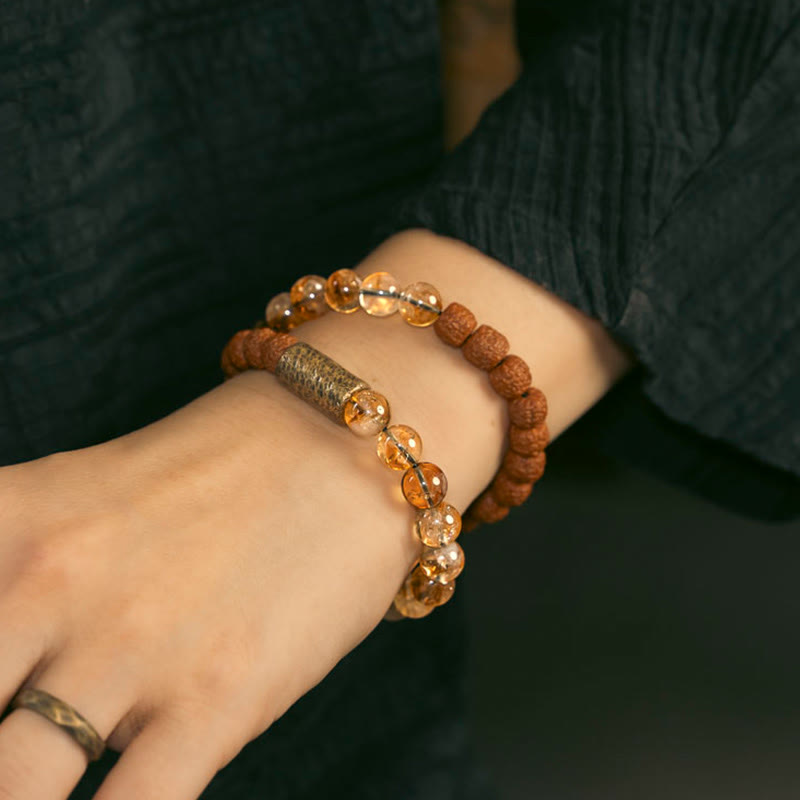 Wear FengShui Natural Citrine Crystal Rudraksha Bodhi Seed Brass Bead Prosperity Double Wrap Bracelet