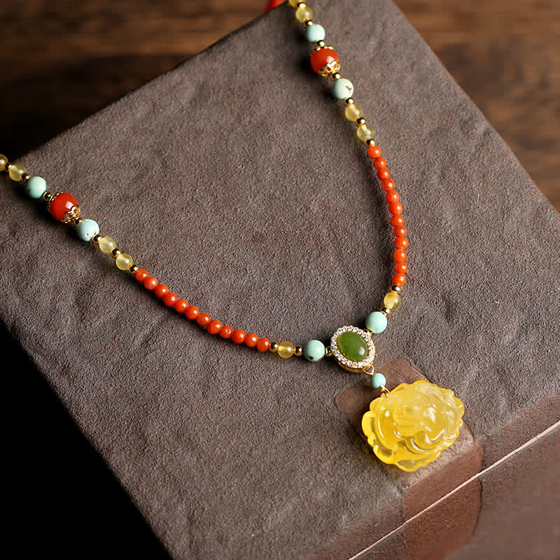 Wear FengShui 925 Sterling Silver Natural Red Agate Amber Peony Confidence Charm Necklace Pendant