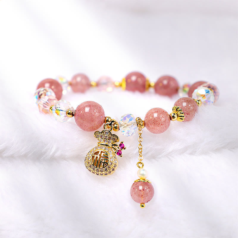 Wear FengShui Natural Strawberry Quartz Crystal Money Bag Charm Positive Bracelet